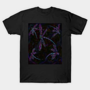 Pretty Purple Blue Dragonflies on Black T-Shirt